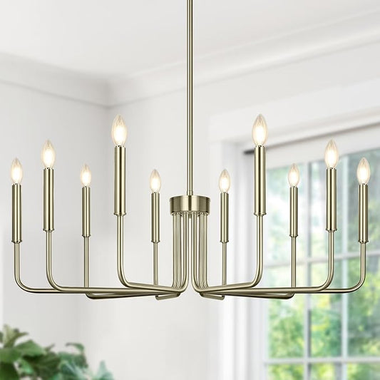 Lynnoland Brass 10-Light Farmhouse Chandelier for Dining Room Lighting Fixtures Hanging, Vintage Candle Pendant Light Fixtures Chandelier for Bedroom, Foyer and Living Room