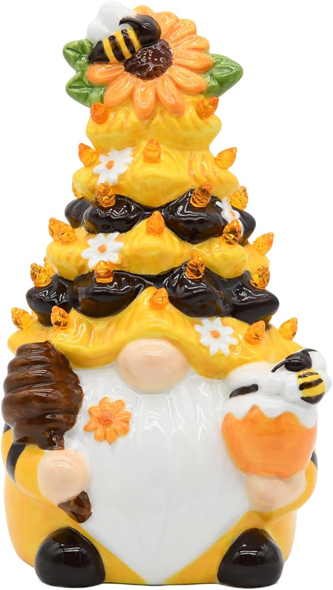 Timer - Spring Bumble Bee Gnomes Decorations Lighted Up Gnome Ceramic Tree, Rustic Farmhouse Kitchen Table Bee Decor, Summer Sunflower Home Decor Gifts