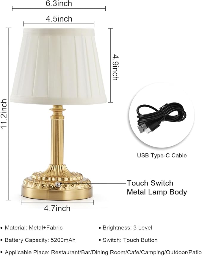 2 Pack Rechargeable Cordless Table Lamps for Restaurant Dining Table, 5200mAh Small Battery Operated Lamp, Portable Dimmable Touch Bedside Night Light for Bedroom Kitchen Bathroom Patio