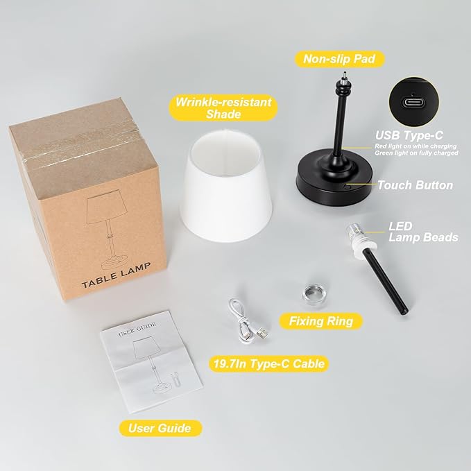 Kakanuo Rechargeable Cordless Table Lamp Black - 1 Pack 4000mAh Battery Operated Lamp, Touch Control Stepless Dimming, for Home Decor, Dining Table, Living Room, Bedroom