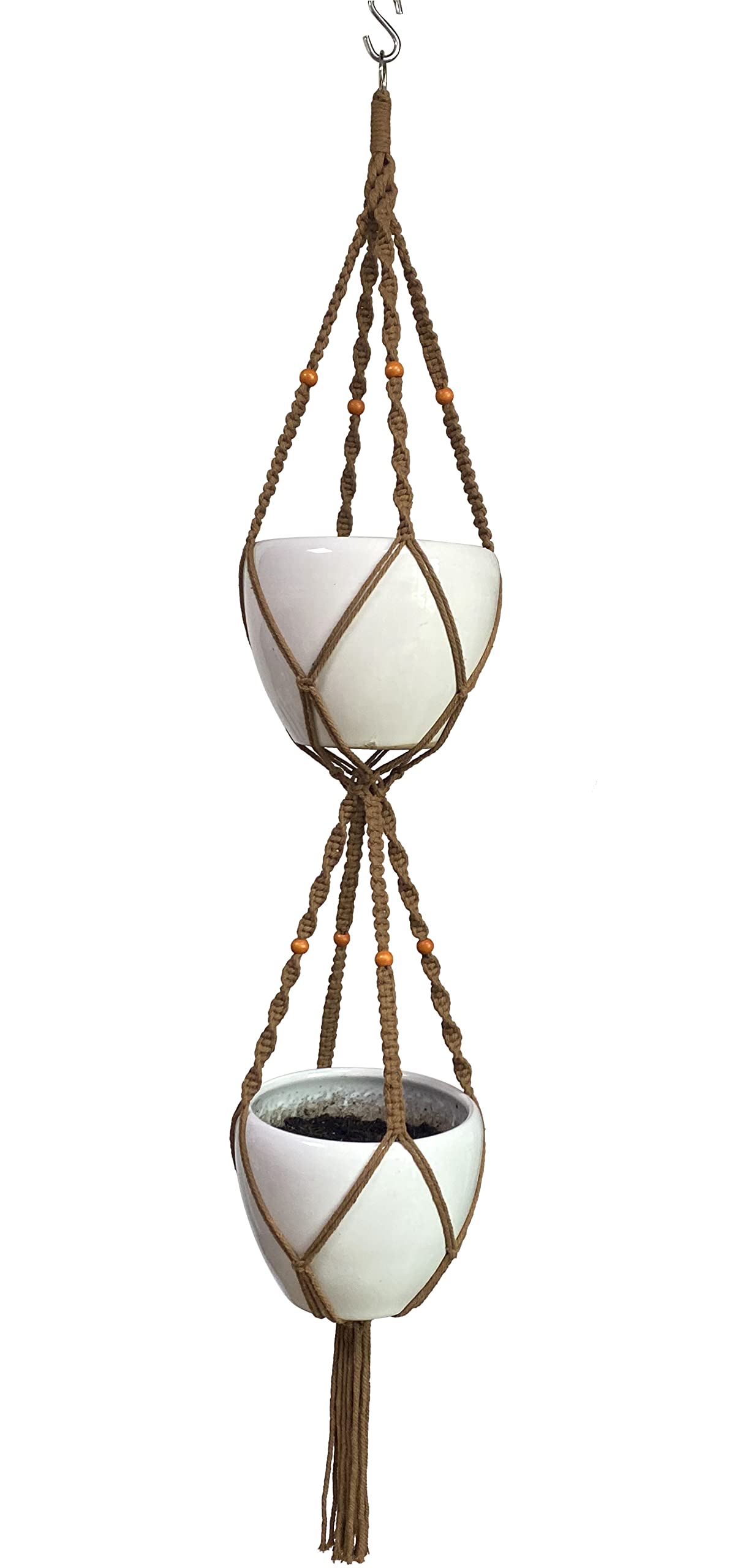 Macrame Plant Hanger & Holder, Hanging Planter 4 Legs Double Deck for 8 inch to 10 inch Two Pots Indoor Outdoor Hanging Planter Hemp Rope 67 Inch with Metal Ring (Brown)