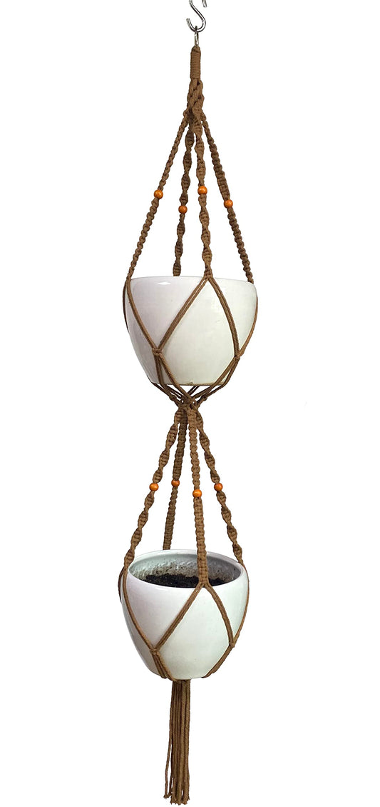 Macrame Plant Hanger & Holder, Hanging Planter 4 Legs Double Deck for 8 inch to 10 inch Two Pots Indoor Outdoor Hanging Planter Hemp Rope 67 Inch with Metal Ring (Brown)