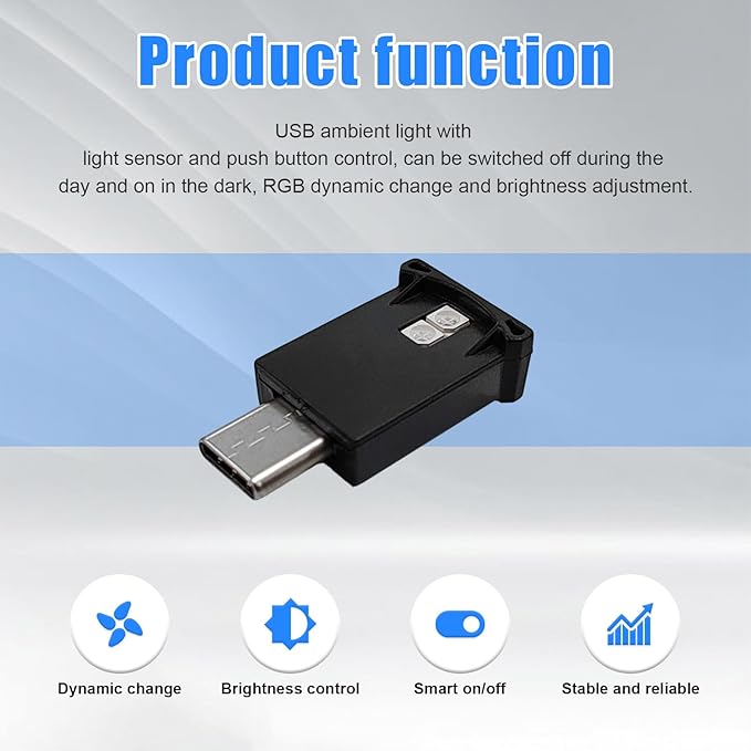 USB Type C LED Ambient Light, 8 Colors RGB Dynamic Gradient Brightness Interior Atmosphere Lamp, Mini Adjustable Car Accessories Replace Lighting Parts for Home Laptop