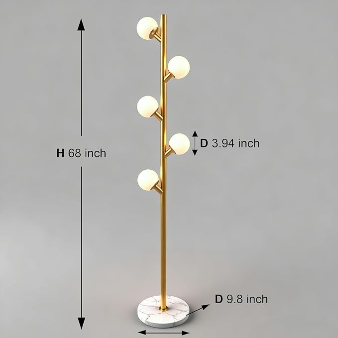 Fiqevs 5 Globe Floor Lamp for Living Room, Mid Century Gold Modern Standing Lamp with Orb Frosted Glass Shade and 5 LED Bulbs, Elegant Tree Tall Lamp for Bedroom Office - Antique Brass