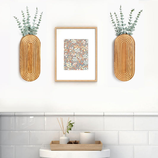 Mokof 2 Pack Carved Wood Wall Planters with Fake Eucalyptus Stems for Wall Decor - Boho Wooden Wall Art for Living Room, Bedroom, Bathroom (Brown)