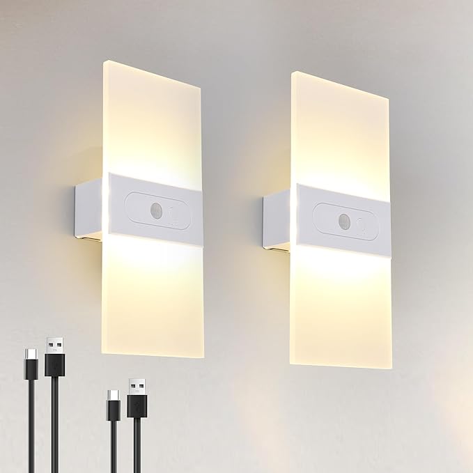LED Dimmable Wall Sconces 2Pack,2200Mah Battery Motion Sensor Magnetic Wireless Rechargeable Wall Lamp with Button Switch Warm White for Bedroom Living Room Hallway