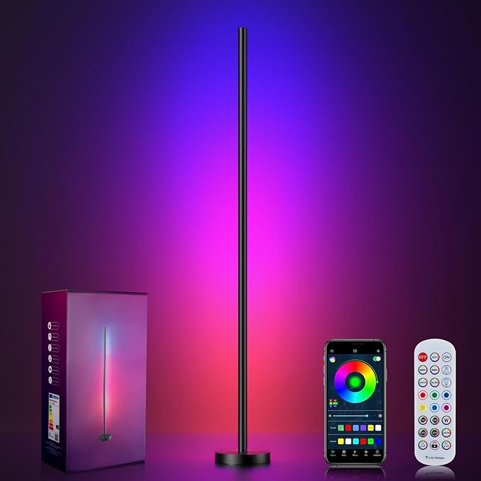 RGBICW LED Corner Floor Lamp with App & Remote Control - 16 Million Colors, 68+ Scene Modes, Music Sync, Smart Lighting for Living Room, Bedroom, and Gaming Room