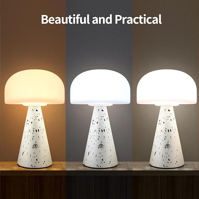 Levigo Cute Mushroom Table Lamp with Touch Switch, Natural Style Portable Cordless LED Dimmable Soft Light Lamp (Black)