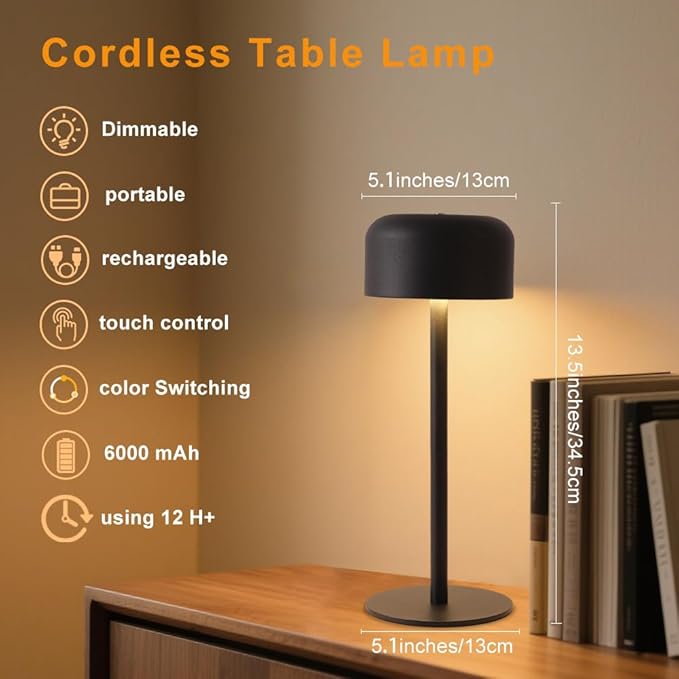 2 Pack Rechargeable Cordless Table Lamp, Portable 6000mAh Battery Table Light, 3 Color Stepless Dimming LED Table Lights with Memory Function, for Outdoor/Restaurant/Bedside/Patio(Black)