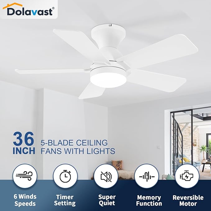 Ceiling Fans with Lights, 36 Inch Low Profile Ceiling Fan with Light and Remote Control, Flush Mount, Reversible, 3CCT, Dimmable LED, Quiet, White Ceiling Fan for Bedroom, Kitchen, Office