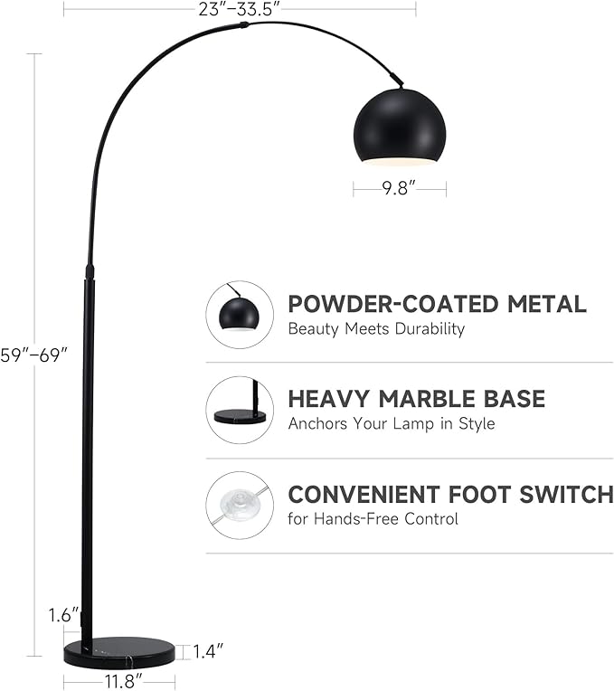 CO-Z Modern Arc Floor Lamp 69", Arch Floor Lamps with LED Bulb, Inner White Metal Shade and Marble Base, Contemporary Standing Light for Living Room Couch Sofa