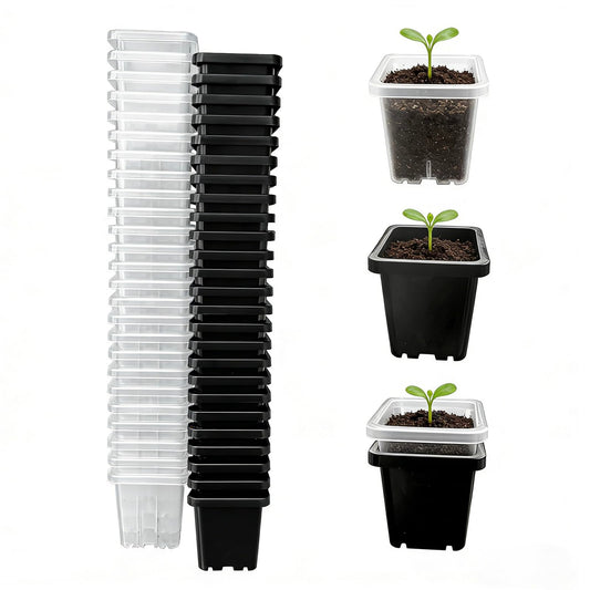 Gyfofix 2 Inch Square Nursery Pots, 50 Pack (25 Clear + 25 Black) Seedling Starter Pots, Plastic Plant Pots with Drainage Holes, for Seed Germination, Root View, and Light Blocking