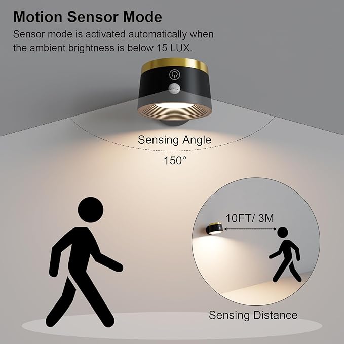 Moobibear Motion Sensor Wall Light Indoor 2Pcs, 3500mAh Rechargeable Battery Operated LED Wall Light, Wall Lamp Wireless with 360 ° Rotation, 3 Color Temperatures for Bedroom, Study, Corridor, Picture