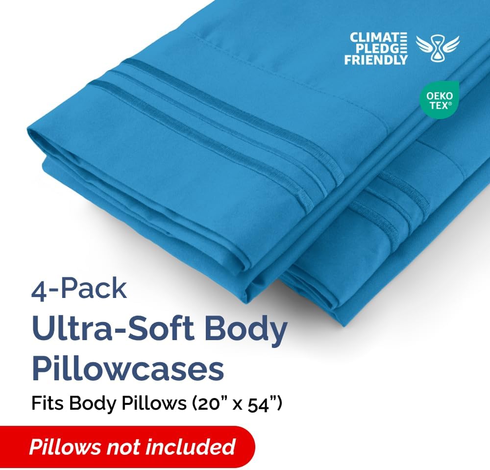 Skiennix Body Pillowcases Set of 4 | Soft & Breathable 20x54 Long Pillow Covers - Denim Blue, Machine Washable