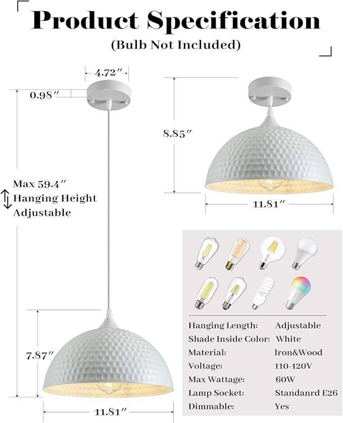 Hammered Dome Pendant Light 1 Pack, White Pendant Lights, 12 Inch Metal Industrial Pendant Light, Kitchen Island Pendant Lights for Kitchen, Dining Room, Bar