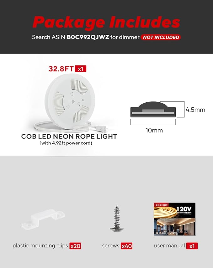 Shine Decor COB LED Rope Light AC 120V, 800lm Ultra Bright, IP65 Waterproof Cold-Resistant ETL Neon Strip, No Driver Tape Lighting for Home Commercial 10x4.5mm, 2800K Warm White, 32.8ft