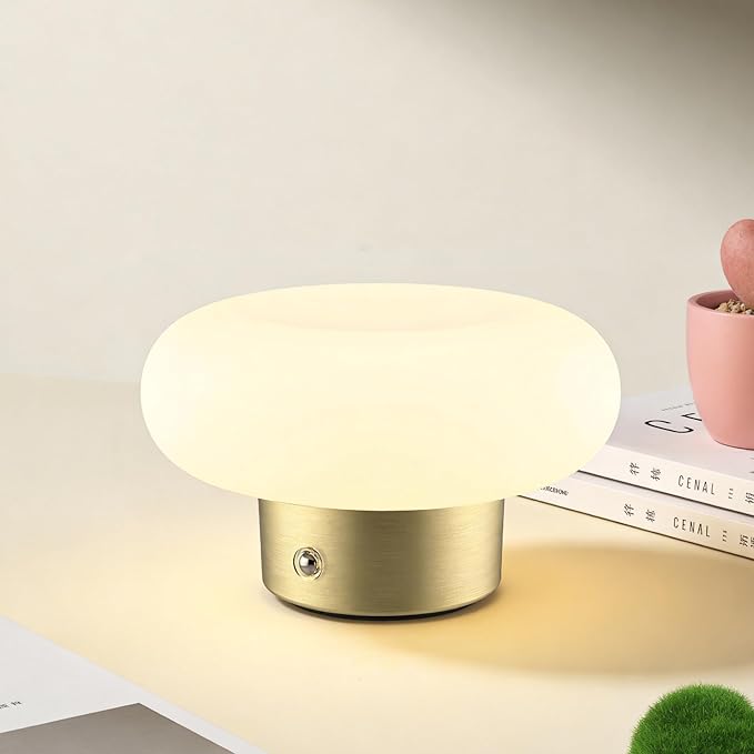 Cordless Table Lamp, Gold Rechargeable Battery Operated Lamp, Stepless Dimming Touch Lamp with Glass Lampshade for Bedroom, Living Room, Dining Table, Nightstand, Shelf Decor