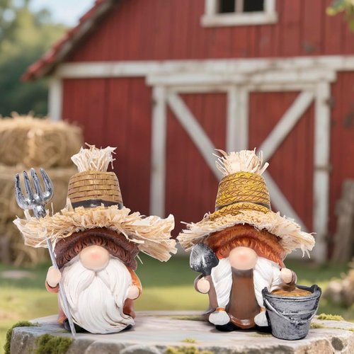 Hodao Farmer Gnomes Figurines - Rustic Hand-Painted Resin with Straw Hats & Farm Tools | Perfect Garden Decor