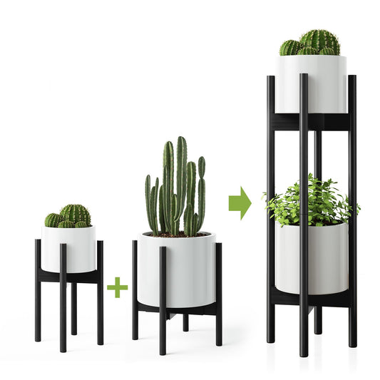 MUDEELA 2 Pack Indoor Plant Stands, 2 Tier Tall Plant Stand 30 inches, Mid Century Bamboo Plant Stand, Adjustable Width 8 - 12 inches, Fits Pot Size of 8 9 10 11 12 inches Pot & Plant Not Included, Black