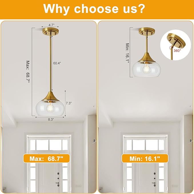 2 Pack Pendant Lights Kitchen Island, Modern Gold Pendant Light Fixtures with 8.5" Clear Glass Shade, Industrial Hanging Pendant Lights for Kitchen Island Dining Room Bedroom Hallway Entryway