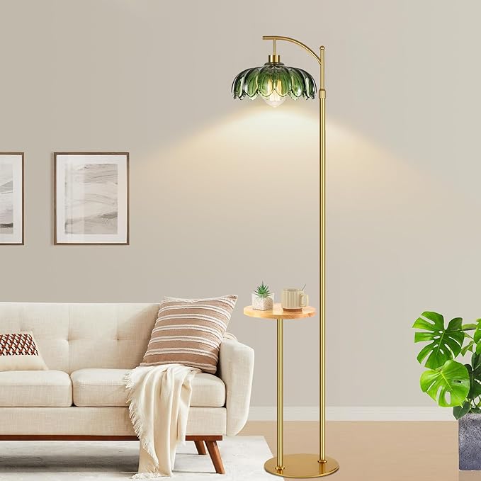 Gold Floor Lamp with Table and Shelves for Living Room Bedroom,Glass Standing Lamp with Remote Dimmable,Boho Brass Tall Lamp Vintage Farmhouse Arc Flower Floor Light Bohemian