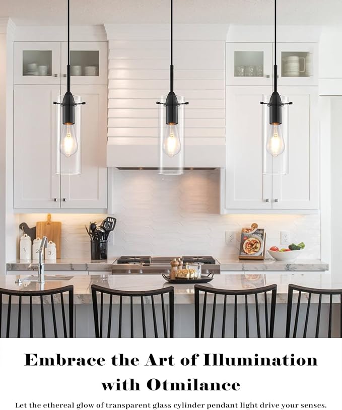 Black Pendant Lights Kitchen Island 3 Packs, Clear Glass Pendant Light, Modern Glass Pendant Light Fixture, Industrial Pendant Lights for Kitchen Island, Living Room, Bedroom, Dining Room