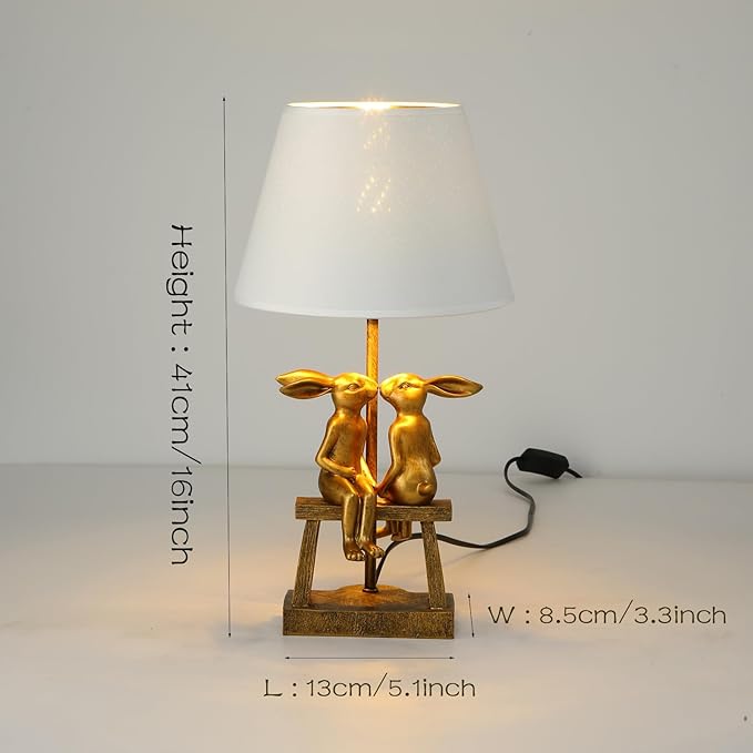Kissing Bunny Lamp, H16in Gold Resin Rabbit Table Lamp, Valentine's Day Heartfelt Token, Energy Saving Night Light for Bedroom & Nightstand (Small White Shade)