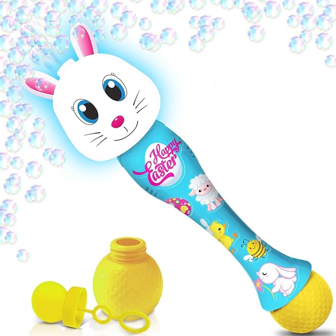 ArtCreativity Easter Bunny Bubble Wand, Easter Basket Stuffers for Toddler, 14" Light Up Automatic Bubble Maker with LED & Music, Bubbles for Kids 3+