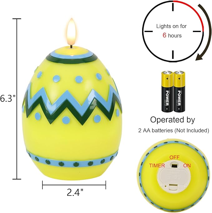 Eldnacele Easter Flameless Candles with 6H Timer, Battery Operated Egg Shaped 3D Wick Flickering Candle Real Wax Yellow LED Candles for Easter Party Spring Dinner Decor(2.4"×6.3")