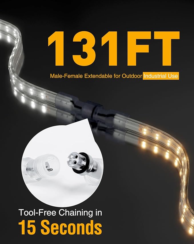 Shine Decor Plus LED Strip Lights AC 120V, Connectable Double Row Bright Rope Light, ETL IP65 Waterproof & Weather-Resistant for Accent Lighting, 7x17mm, 6000K Cool White, 131FT