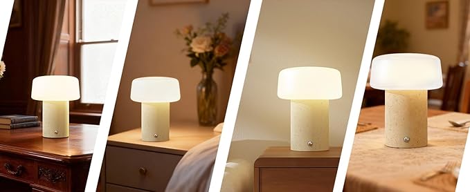 7 inch Mushroom Lamp, Cute Cordless Rechargeable Table Lamp with Glass Shade, 3 Color Temps LED Dimmable Ambient Lighting, Small Retro Touch Bedside Light for Decor, Resin Base.
