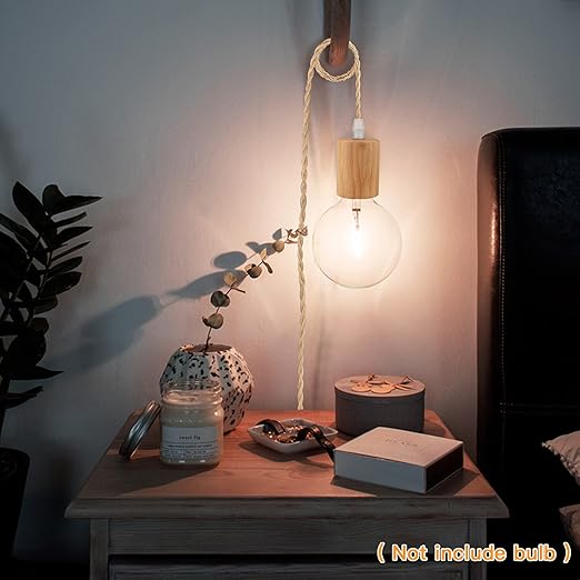 15FT Wood Pendant Light Cord Kit, Swag Hanging Lamp Kit with Plug In & Switch, Hanging Lights DIY Farmhouse Industrial E26 Socket Pendant Light Fixtures Vintage 15ft Twisted Cloth Covered Wire