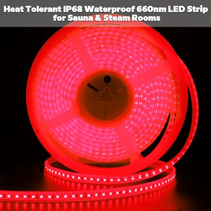660nm Red Light Sauna LED Strip, Heat-Resistant IP68 Waterproof Flexible LED Tape Light, 24V 600 LEDs 5m/16.4Ft for Relaxation and General Lighting Use (660nm Red)
