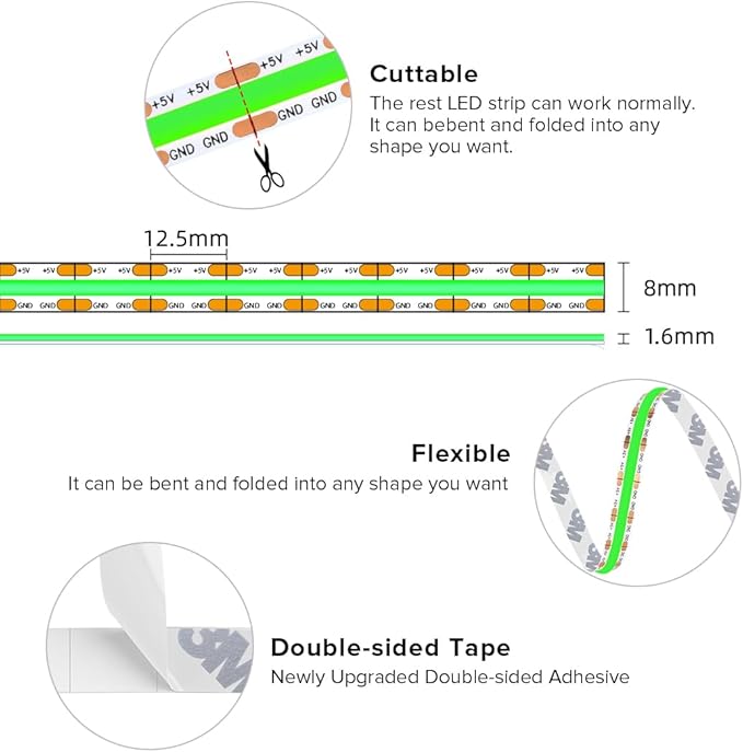 BTF-LIGHTING FCOB COB FOB LED Strip Lights 5V USB Powered 3.28FT 320LEDs Green Color 8mm Width Dimmable CRI 90+ with 3M Tape Flexible High Density for 3D Printer TV Backlight PC DIY Decor