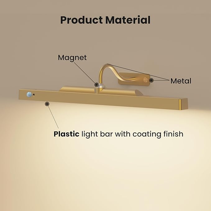 Brass Wireless Picture Light for Wall with Motion Sensor – 16'' Remote with 3CCT Dimmable Art Light for Paintings, 5000mAh Rechargable Painting Light for Artworks,Photos (1Pack