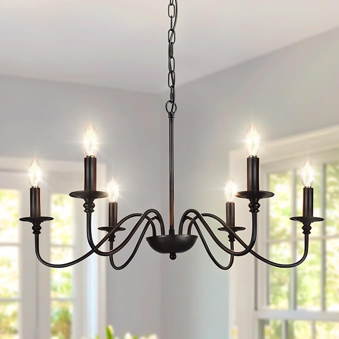 Depuley Farmhouse Chandelier for Dining Room: 6-Light Black Industrial Kitchen Island Pendant Light Fixture - Rustic Candle Chandeliers Vintage Modern Hanging Ceiling Lamp for Bedroom Foyer