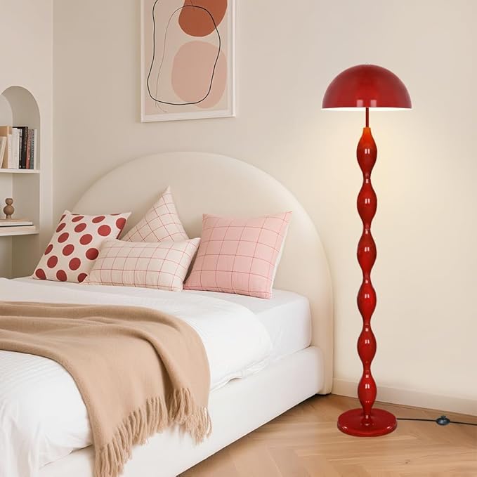 Unique Floor Lamp for Living Room,63" Creative Funky Red LED Mushroom Lamps,3 Colors Standing Light,Mid Century Modern Tall Floor Lamp with Iron Dome Shade for Bedroom,Office,Corner