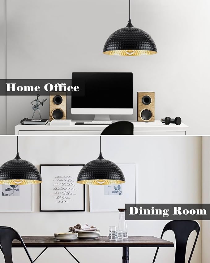Hammered Dome Pendant Light 1 Pack, Black and Gold Pendant Light,12 Inch Metal Industrial Pendant Lights, Kitchen Island Pendant Lights for Kitchen, Dining Room, Bar