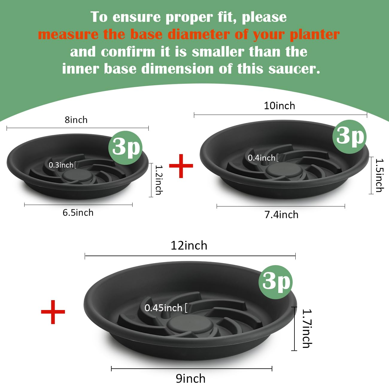 BTPLASTIK Plant Saucer 8 10 12 inch 9 Pack Set, Pot Elevators for Inside Plants, Heavy Duty Flower Planter Drip Trays for Pots, Grow Bags Saucers Gray