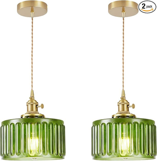 2 Pack Industrial Pendant Lighting, Modern Green Glass Shade Farmhouse Adjustable Hanging Light Fixtures for Kitchen Island Living Room Bedroom Hallway, Green