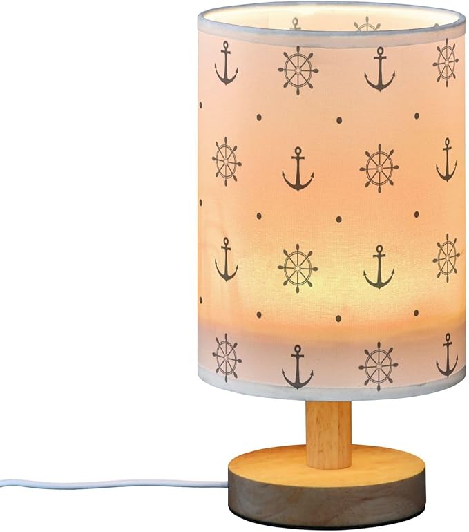 Anchor Wheel Polka Dot Nautical Retro Pattern Table Lamp with Wood Base Fabric Lamp Shade Bedside Nightstand Desk Lamp for Living Room Bedroom Kids Room Office