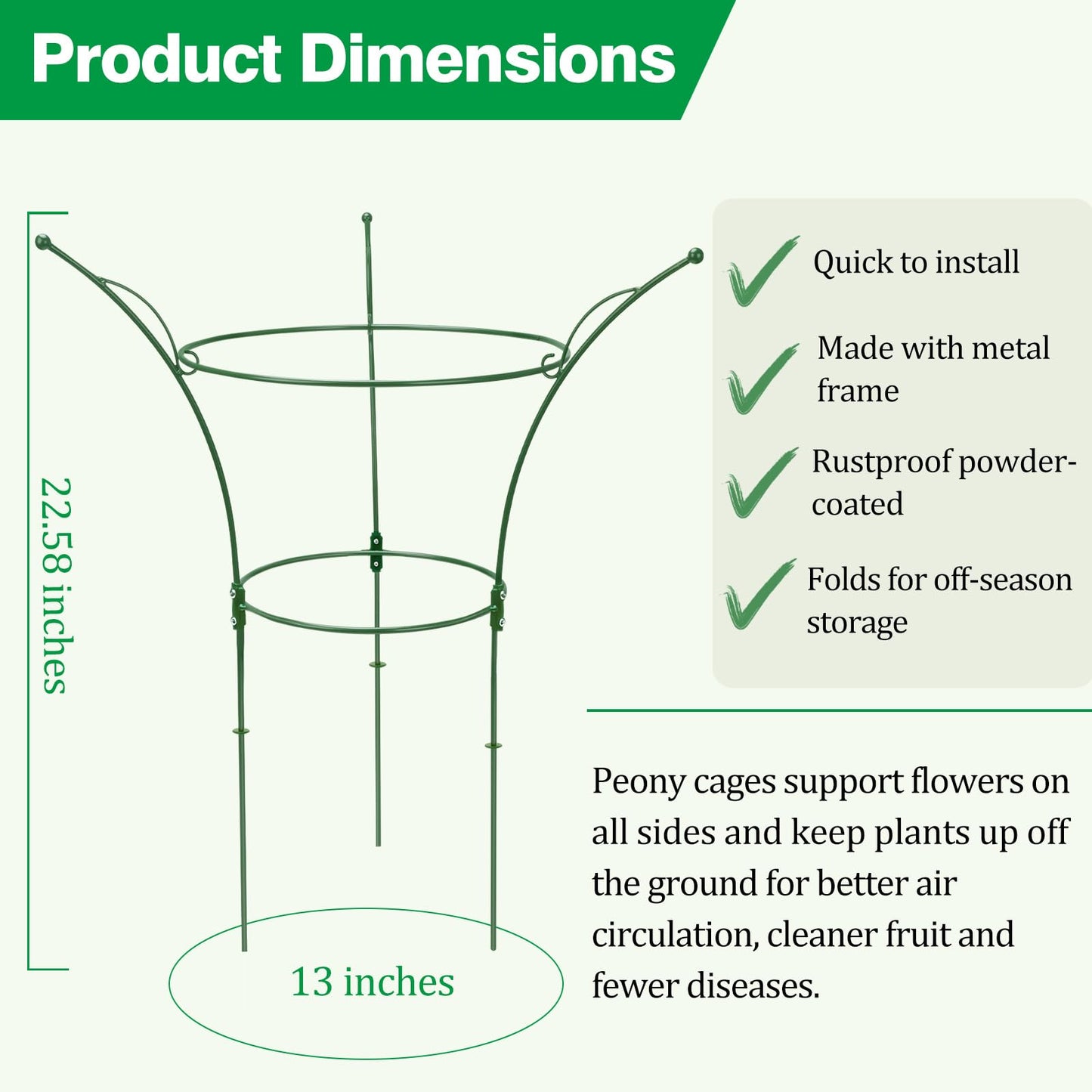 HEYTIMI 4 Pack Peony Cages and Supports Cages 13" D x 22.8" H Sturdy Metal Support Frame for Peonies & Roses Natural Bouquet Shape Garden Stakes for Outdoor Plants Flowers Ornamental (Green)