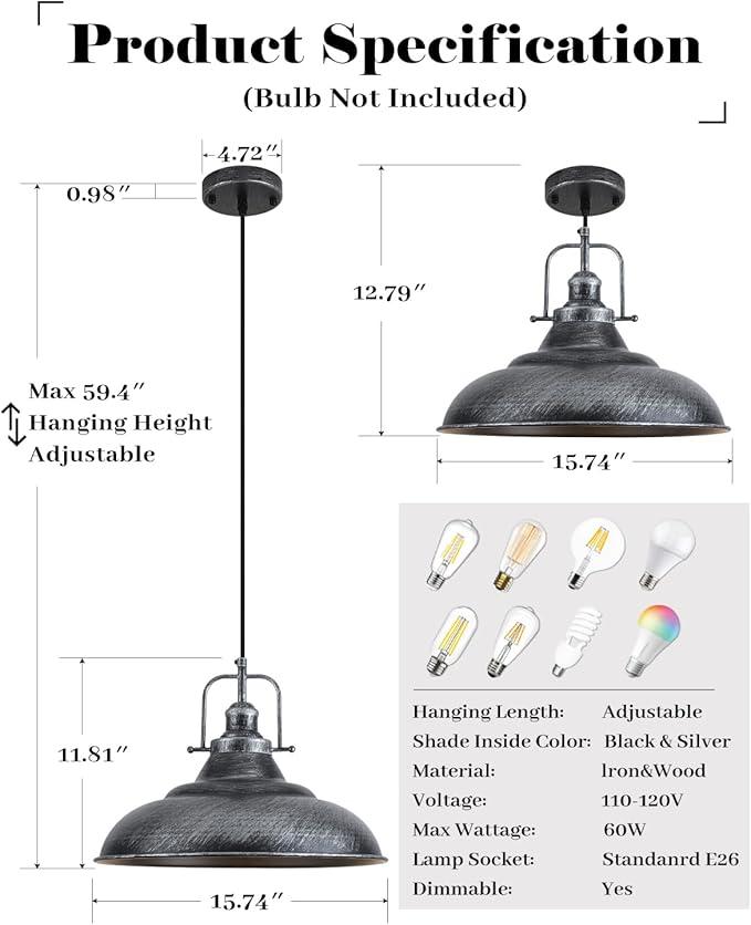 16 Inch Large Pendant Lights Kitchen Island, Black and Silver Pendant Light, Vintage Farmhouse Pendant Light, Island Pendant Lights for Kitchen Island, Dining Room (1 Pack)
