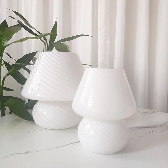 Swirl Mushroom Lamp, Translucent Glass Table Bedside Lamps Italian Style Modern Striped Desk Light for Baby Home Decoration of Dining, Living, Study (Matte White, Maxi Dia8.7*H9.9 Inches)