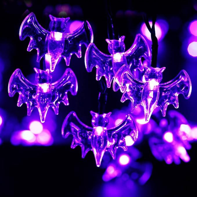 Halloween Solar String Lights, 21.3 Ft 30 LED Purple Bat LED Lights IP65 Waterproof for Halloween Outdoor Indoor Party Decor, Patio, Lawn, Garden, Yard