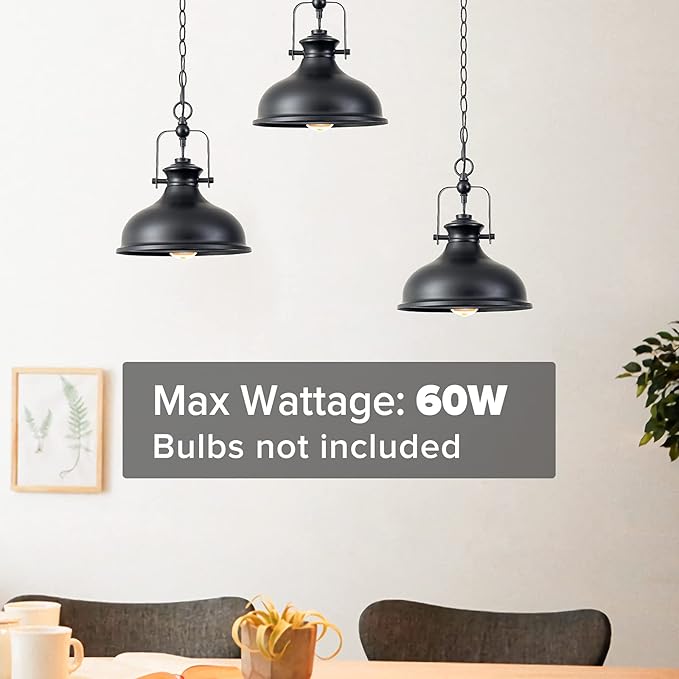 GZBtech Industrial Dome Pendant Light, Metal Chain Adjustable Farmhouse Hanging Light, 50.5 Inches Vintage Rustic Lighting Fixture with Polished Black Finish for Kitchen Dinning Room Barn, UL Listed