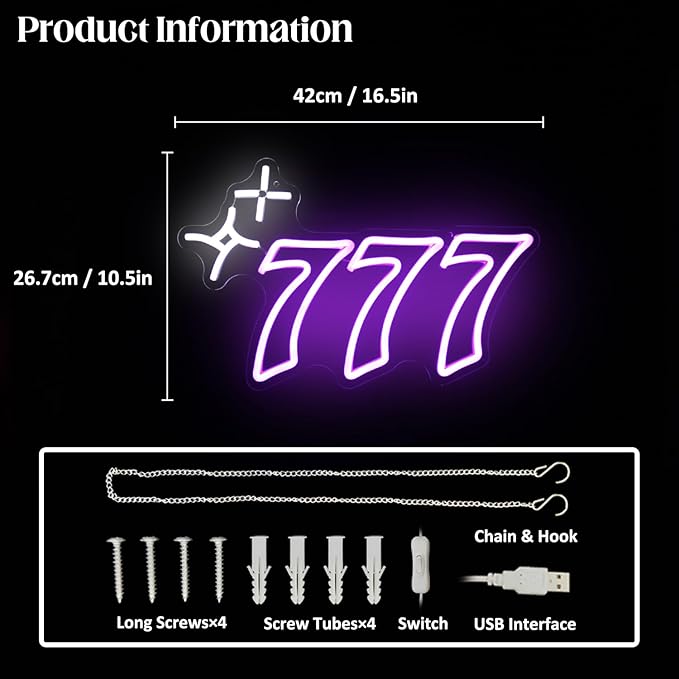 Purple 777 Neon Sign Angel Number Neon Lights Signs Lucky Number Seven LED Neon Signs for Wall Decor White Star Neon Wall Sign 777 Light Up Sign for Bedroom Dorm Birthday Party Y2k Room Decor