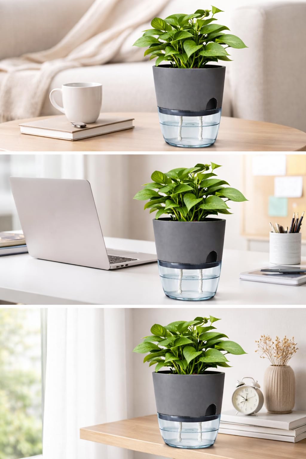 Self Watering Planter Pot with Upgraded Wick System – Modern Indoor Plant Pot with Visible Water Reservoir