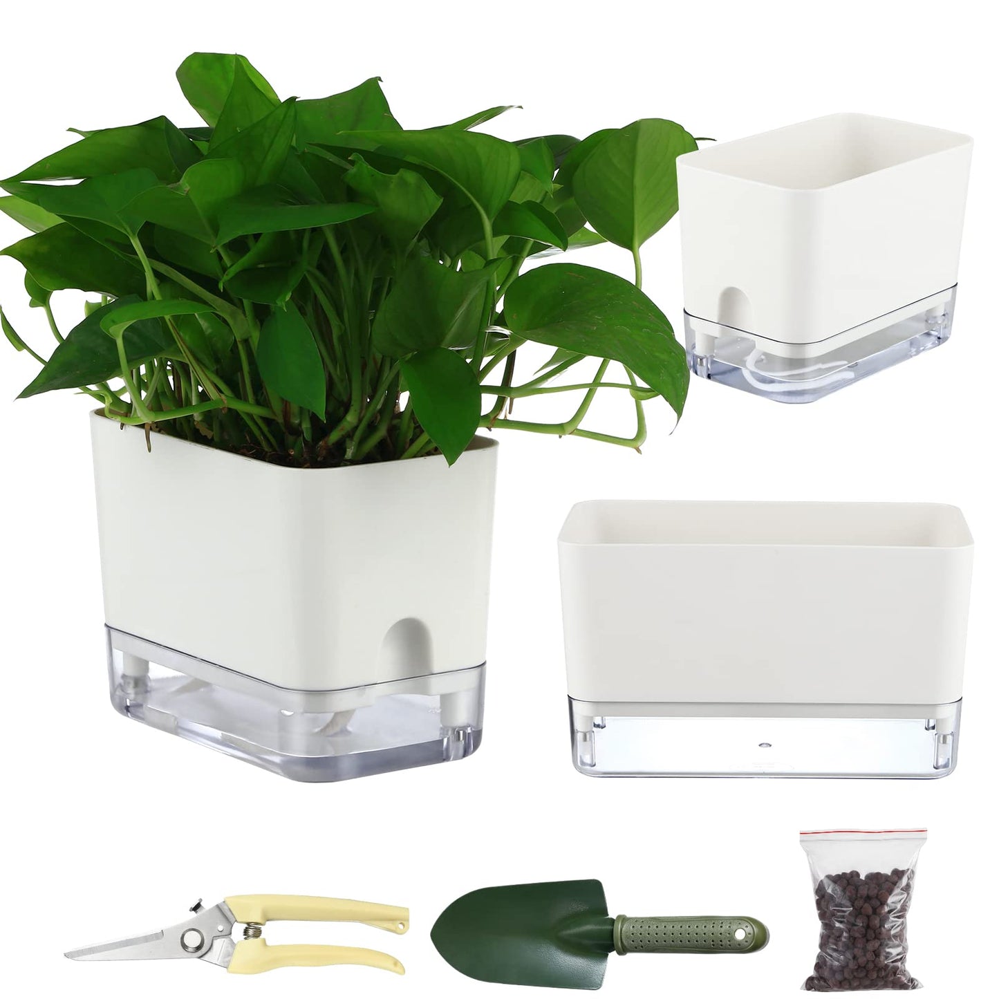 Planterhoma Self Watering Plant Pots for Indoor Plants 7/10 inch, 2 Packs Rectangle Self-Watering Planters with Drainage Hole, White African Violet Pots for Devil's Ivy, Spider Plant, Orchid, Herb