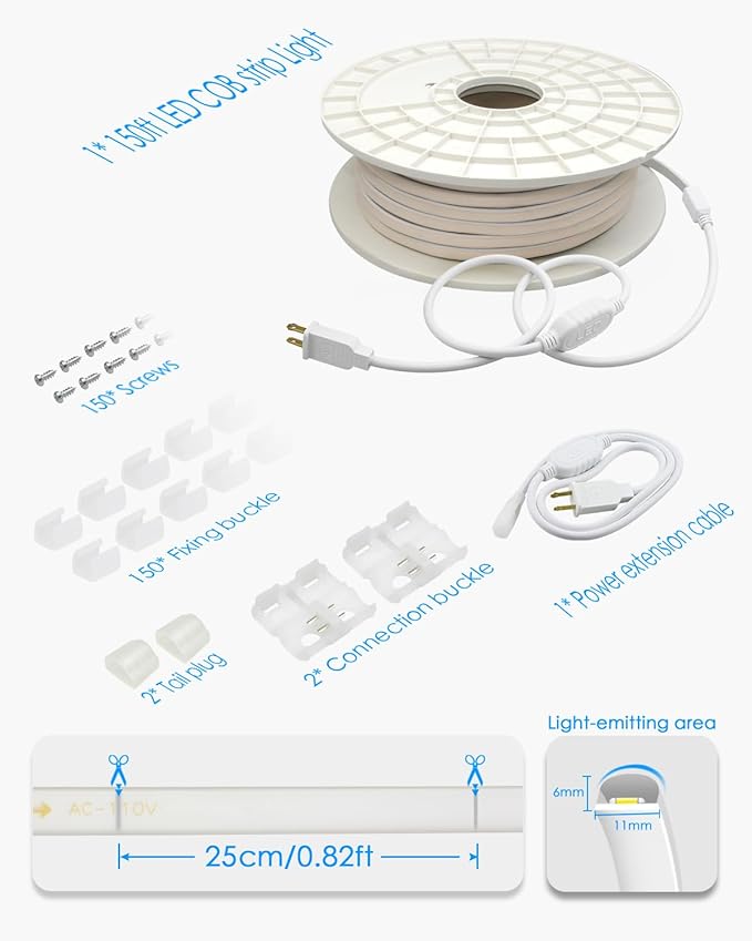 120V Led Rope Lights Outdoor Waterproof 150FT 3000K Flexible COB Led Strip Lights Plug in 288Leds/M Warm White High Density Dotless Led Lights for Patio Garden Deck Christmas Decor